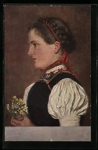 AK Junge Frau in Schwarzwälder Tracht mit Blumen
