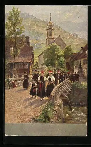 Künstler-AK Wilhelm Hasemann: Leute in Schwarzwälder Tracht laufen über eine Brücke