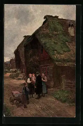 Künstler-AK Wilhelm Hasemann: In der Dorfgasse, Bauernfamilie vor ihrem Haus