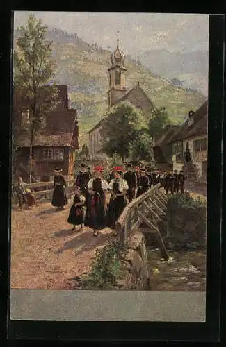 Künstler-Ak Wilhelm Hasemann: Leute in Schwarzwälder Tracht laufen über eine Brücke
