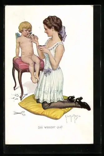 Künstler-AK Günther Nagel: Sei wieder gut! Dame tröstet Amor