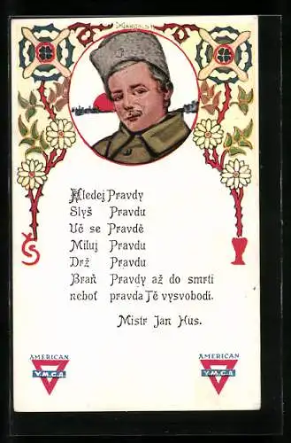 Künstler-AK tschechischer Soldat, Spruch Mistr. Jan Hus