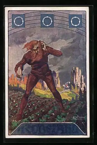 Künstler-AK sign. Heinz Pinggera: Rübezahl steht auf einem Feld