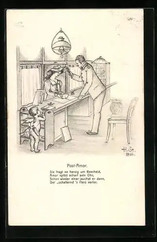 Künstler-AK H. Starkloff: Amor versteckt bei der Post