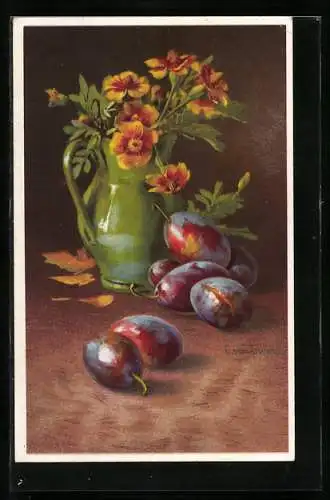 Künstler-AK Clara von Sivers: Pflaumen, Blumen in der Vase