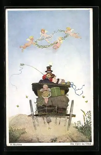 Künstler-AK Helmut Skarbina: Die Fahrt ins Glück, Engel über der Kutsche