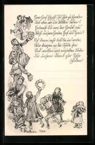 Künstler-AK Franz Skarbina: Kinder mit Blumenkranz, Graf Zeppelin