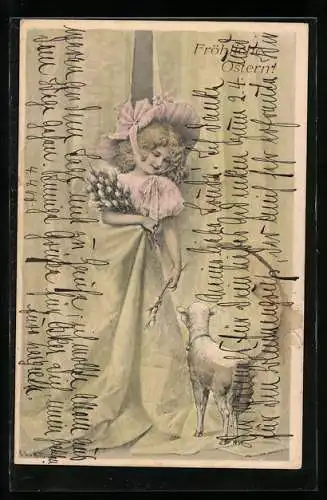 Künstler-AK Wichera: Mädchen mit Osterlamm und Weidenkätzchen