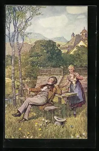 Künstler-AK F. Gareis: Schubert ruht sich im Garten aus