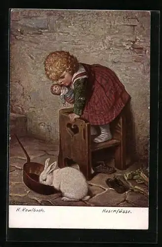 Künstler-AK Hermann Kaulbach: Hasenfüsse, Mädchen fürchtet sich vor einem Kaninchen