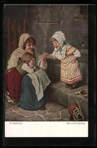 Künstler-AK Hermann Kaulbach: Frau mit Kind bei seinem ersten Sprung