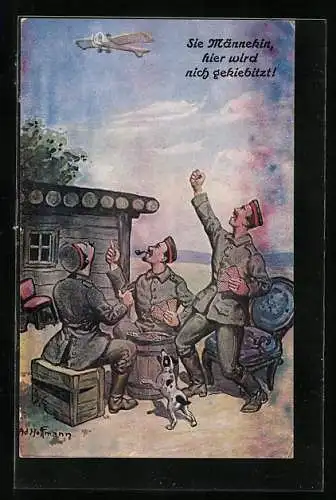 Künstler-AK Ad. Hoffmann: Soldat beim Kartenspiel regen sich über Flugzeug auf