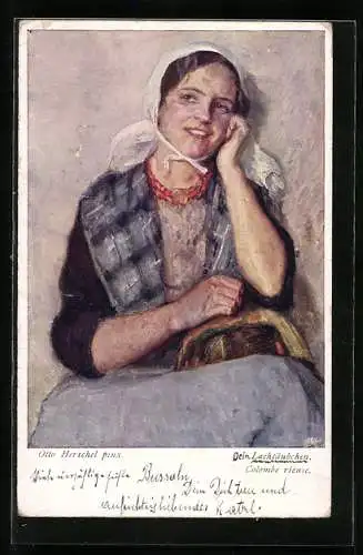 Künstler-AK Otto Herschel: Lachtäubchen, junge Frau mit Kopftuch