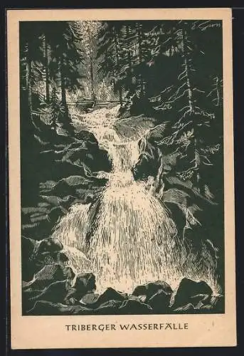 Künstler-AK Triberg, Wasserfall mit Waldpartie