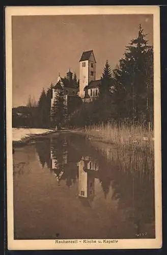 AK Rauhenzell, Uferpartie mit Blick auf Kirche und Kapelle