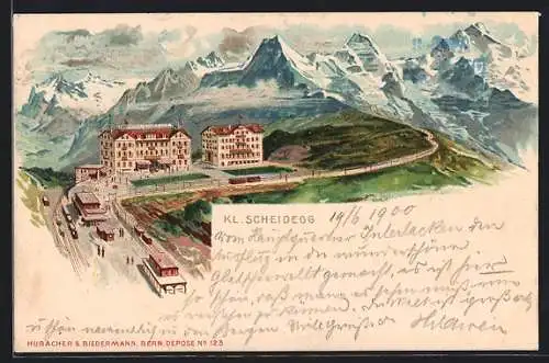 Lithographie Kl. Scheidegg, Ortsansicht mit Kurhaus u. Alpen