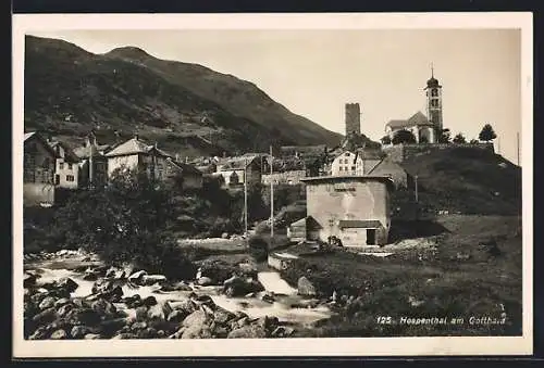 AK Hospenthal am Gotthard, Ortsansicht mit Kirche und altem Turm