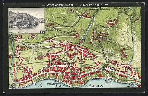 AK Montreux-Territet, Karte der Stadt am Lac Léman, Hotel des Alpes