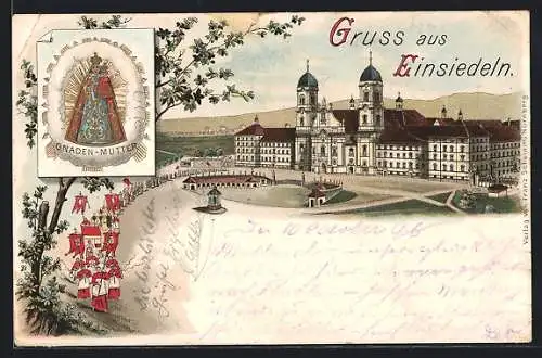 Lithographie Einsiedeln, Gebäudeansicht mit Prozession, Gnaden-Mutter-Symbol