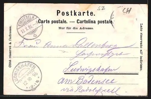 Lithographie Einsiedeln, Gebäudeansicht mit Prozession, Gnaden-Mutter-Symbol