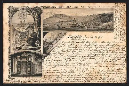 Künstler-AK Einsiedeln, Totalansicht mit Mönch der in einem Buch liest