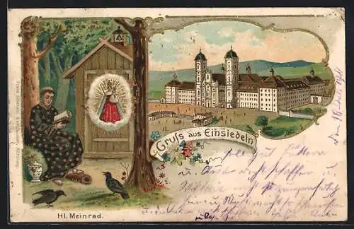 Künstler-AK Einsiedeln, Blick zum Kloster, Mönch und Gnadenbild