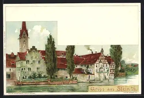 Lithographie Stein a. R., Gebäudepartie am Ufer