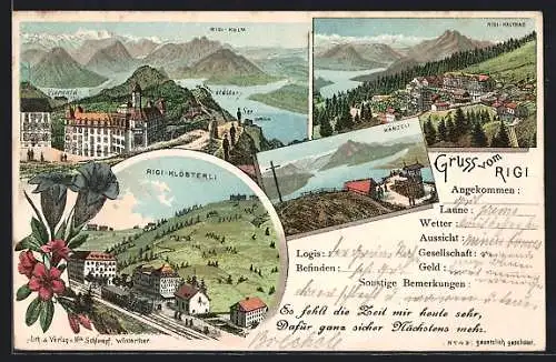 Lithographie Rigi, Klösterli, Känzeli, Kaltbad, Vierwaldstättersee, Eisenbahn