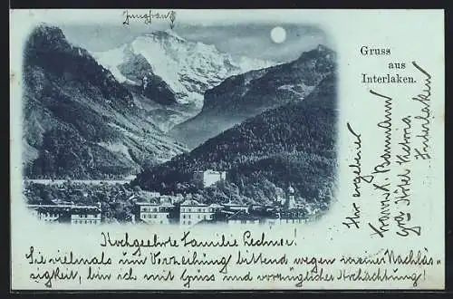 Mondschein-AK Interlaken, Ortsansicht mit Jungfrau