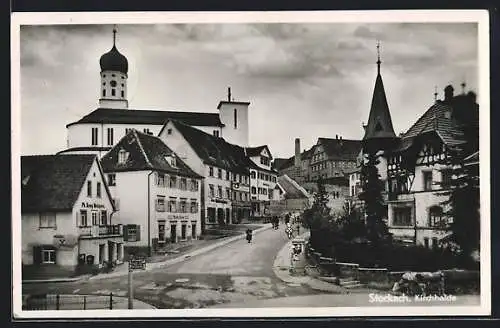 AK Stockach, Metzgerei Ph. Krieg an der Kirchhalde, Blick zur Kirche
