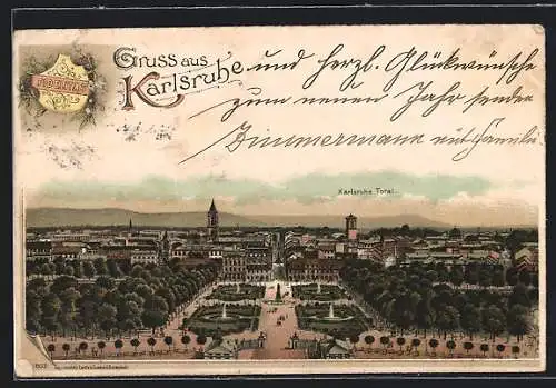 Lithographie Karlsruhe, Gesamtansicht aus der Vogelschau