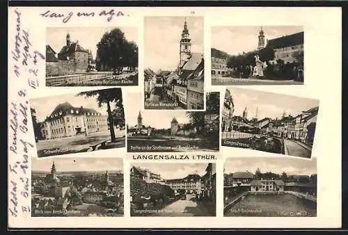 AK Langensalza i. Thür., Kornmarkt, Ulanen-Denkmal, Badeanstalt, Stadtmauer
