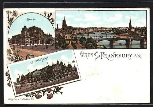 Lithographie Frankfurt a. M., Hauptbahnhof, Börse, Mainpanorama