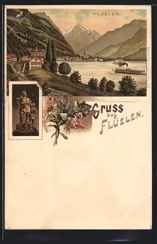 Lithographie Flüelen, Panoramablick mit Dampfer
