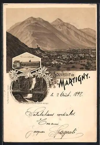 Lithographie Martigny, Les gorges du Durnand, Pont sur la Dranse, Ortsansicht mit Gebirgspanorama