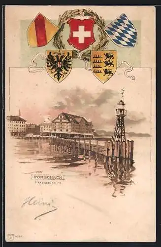Künstler-Lithographie Rorschach, Hafeneinfahrt, Wappen