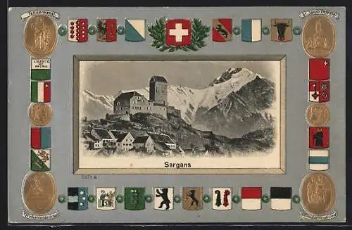 AK Sargans, Das Schloss im Bergidyll, Passepartout mit geprägten Kantonswappen und Denkmälern