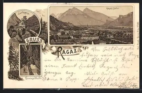 Lithographie Ragaz, Bad Pfäffers und Taminaschlucht