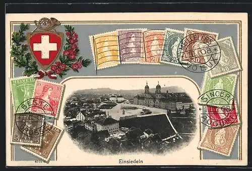 Passepartout-AK Einsiedeln, Panorama und schweizer Briefmarken