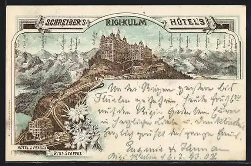 Vorläufer-Lithographie Rigi-Kulm, 1893, Schreiber`s Hotels Rigi-Kulm und Rigi-Staffel