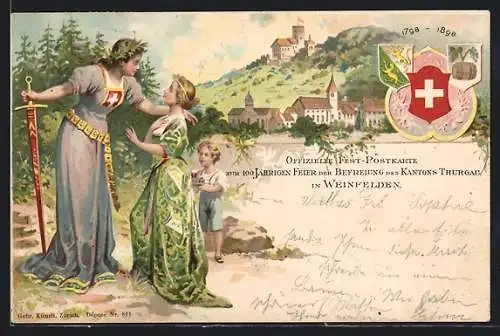 Lithographie Weinfelden, 100 jährige Feier der Befreiung des Kantons Thurgau, Wappen