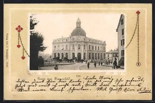 AK Frauenfeld, Blick zum Postamt, geprägtes Passepartout mit filigraner Kette