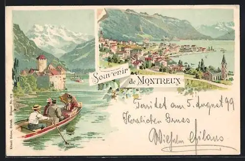 Lithographie Montreux, Ortsansicht, Ruderpartie