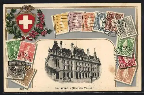 AK Lausanne, Hotel des Postes, Briefmarken