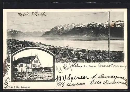 AK La Rosiaz, Das Café Bellevue, Ortsansicht gegen den Bergsee