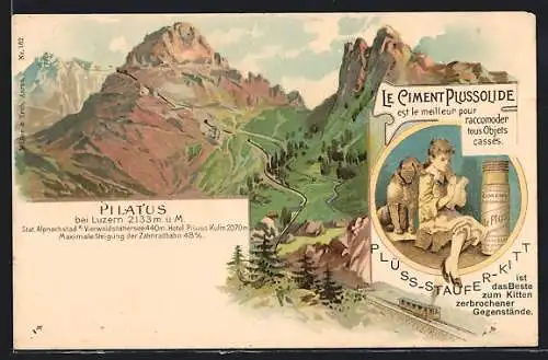 AK Pilatus bei Luzern, Die Bergbahn im Bergidyll, Reklame für Plüss-Staufer-Kitt