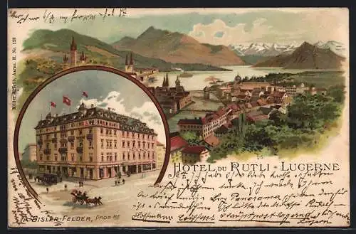 Lithographie Lucerne, Hotel du Rutli, Teilansicht