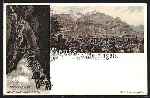 Lithographie Meiringen, Aareschlucht, Wanderer in der Schlucht um 1900