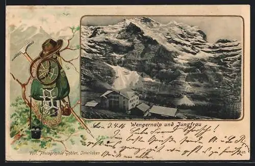 AK Wengernalp, Ortsansicht mit Jungfrau, lithographisches Passepartout mit Wander-Ausrüstung