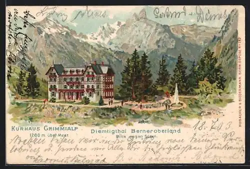 Lithographie Grimmialp /Berneroberland, Das Kurhaus im Diemtigthal, Blick gegen Süden